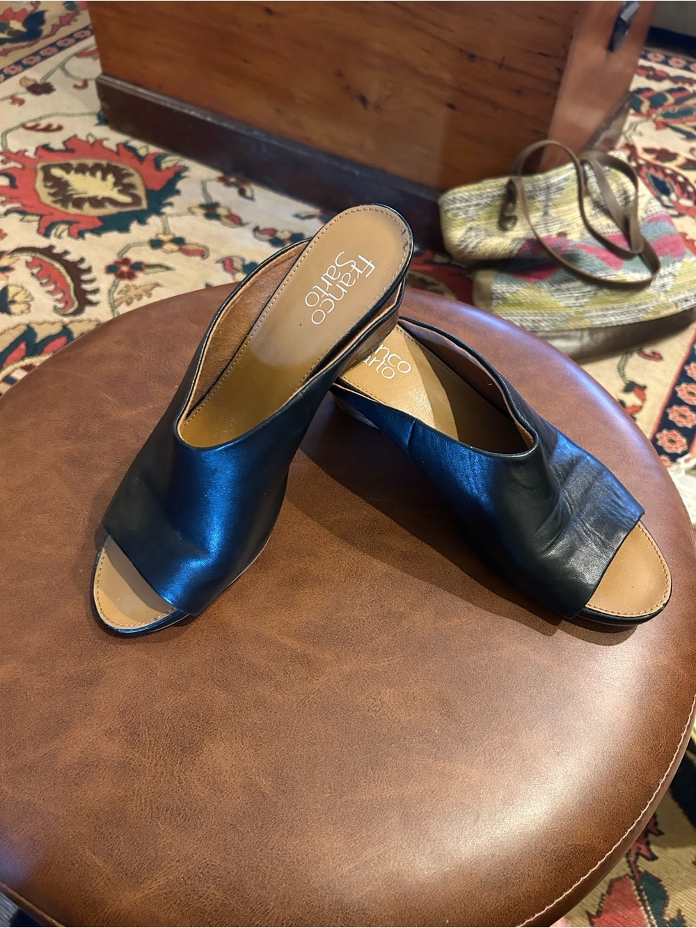 Franco Sarto Black Mule Wedge Sandals, size 7.5